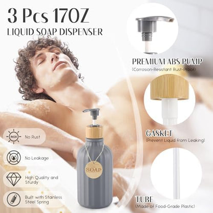 32PCS Grey Bathroom Accessories Set with Shower Curtain,Rugs,Trash Can,3PCS Lotion Soap Dispenser, Toothbrush Holder, Soap Dish,Tumbler Cup,6PCS Wood Tags Bath Accessories with Tray for Bathroom