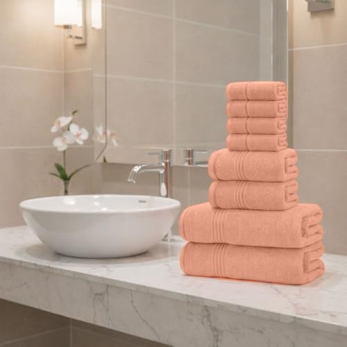 8 Piece Bath Towels for Bathroom - 100% Cotton, Soft Absorbent Bathroom Towels Set - 2 Extra Large Bath Towels, 2 Hand Towels & 4 Washcloths - Hotel Spa Thick Plush Towel, Peach