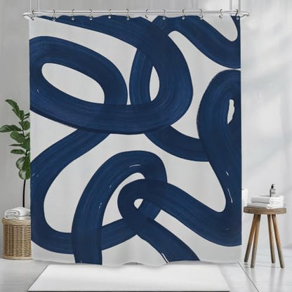 Abstract Navy Blue Shower Curtain 60Wx72L Inch Modern Minimalist Contemporary Geometric Line Neutral Simple Geometric Bathroom Set Accessories Decor with 12 Pack Hooks