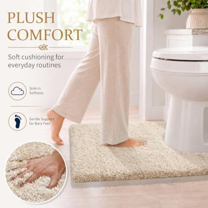 Yimobra Toilet Rugs U Shaped 24X20, Ultra Soft and Water Absorbent Bath Mats, Non Slip Fluffy Luxury Microfiber Contour Bath Rugs for Toilet, Dry Quick, Machine Washable, Light Beige and White