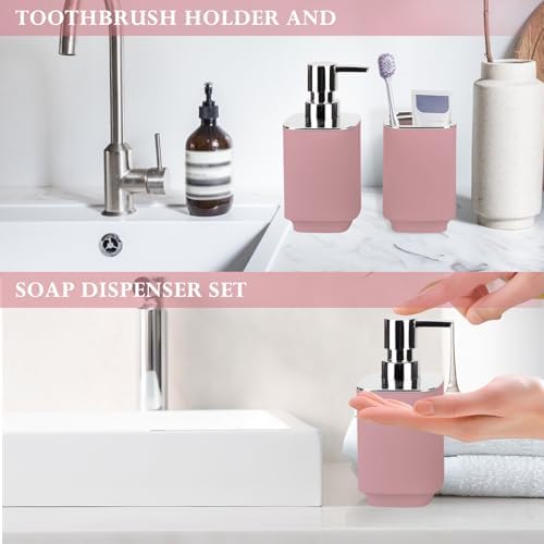 Pink Bathroom Accessories 2 Pcs, Soap Dispenser and Toothbrush Holder Set