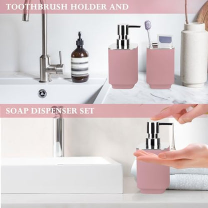 Pink Bathroom Accessories 2 Pcs, Soap Dispenser and Toothbrush Holder Set