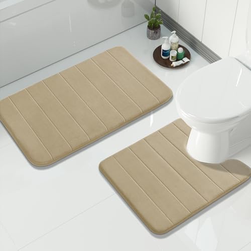 Yimobra Memory Foam Bathroom Mat Set, 31.5 x 20 & 24 x 20 in, Pale Khaki