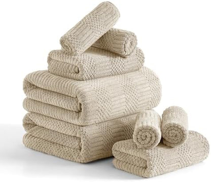 8 Piece Bath Towel Set-2 Oversized Bath Sheets(35"x70"),2 Hand Towels,4 Washcloths-Extra Large Microfiber Towel Sets,Less Lint Highly Absorbent & Quick Dry Bath Towels for Bathroom Gym Pool,Camel