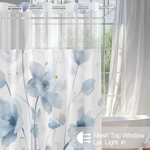 No Hook Shower Curtain and Liner Set, Blue Boho Floral 71x84