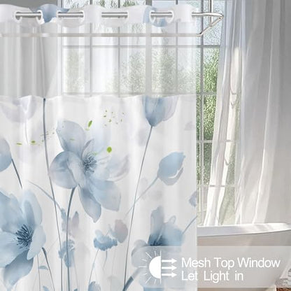 No Hook Shower Curtain and Liner Set, Blue Boho Floral 71x84