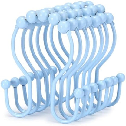 Goowin Shower Curtain Hooks, 12 Pcs Shower Curtain Rings, Stainless Steel Shower Curtain Hangers, Double Hook Shower Curtain Hooks, Smooth Sliding Anti-Drop Shower Rings for Curtain (Blue)