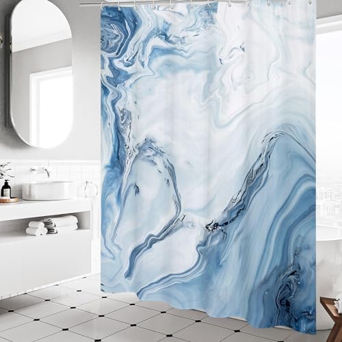 Blue Marble Fabric Shower Curtain, Abstract Watercolor, 54 x 72 Inches