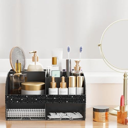 Bling Makeup Organizer with Drawers, Cosmetic Storage for Dresser Vanity and Bathroom Countertop, Beauty Holder for Lipstick Brush, Skincare Organizer for Vanity, Cosmetic Display Case Bling Black