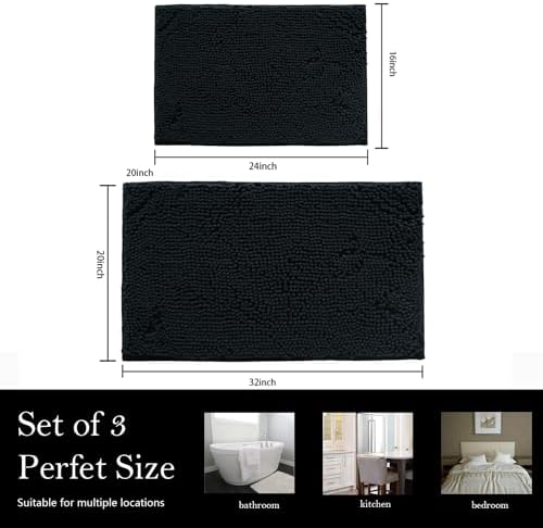 Bathroom Rugs Chenille Bath mat 2 Piece Set, Super Absorbent, PVC Non Slip Backing, Bath mats for Bathroom, Plush Shaggy, Thick, Machine Washable, Bathtub, Shower, Toilet.(Black)