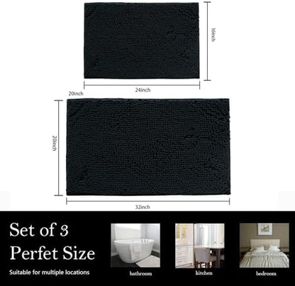 Bathroom Rugs Chenille Bath mat 2 Piece Set, Super Absorbent, PVC Non Slip Backing, Bath mats for Bathroom, Plush Shaggy, Thick, Machine Washable, Bathtub, Shower, Toilet.(Black)