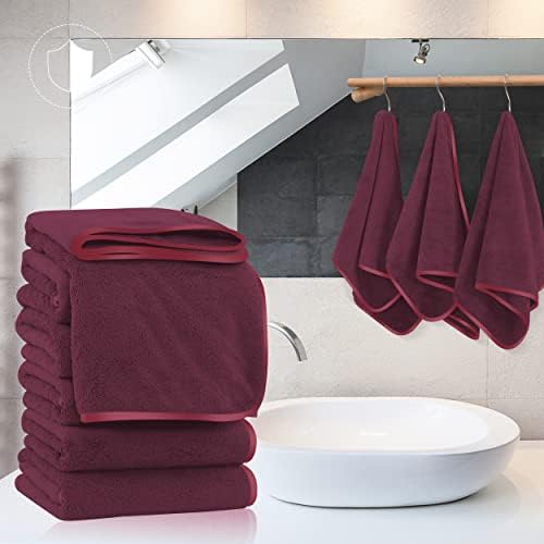 TENSTARS Silk Hemming Hand Towels for Bathroom - Quick Drying - Ultra Soft Microfiber Absorbent Towel for Bath Fitness, Gym, Shower, Hotel, and Spa - 16x28 Inch | Set of 6, Burgundy