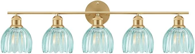 Bathroom Light Fixtures, 5-Light Brushed Gold Vanity Lights for Bathroom with Blue Tulip Glass Shade, 30" Vintage Bathroom Vanity Lighting Fixtures Over Mirror for Bedroom Living Room Hallway