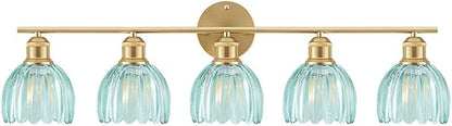 Bathroom Light Fixtures, 5-Light Brushed Gold Vanity Lights for Bathroom with Blue Tulip Glass Shade, 30" Vintage Bathroom Vanity Lighting Fixtures Over Mirror for Bedroom Living Room Hallway