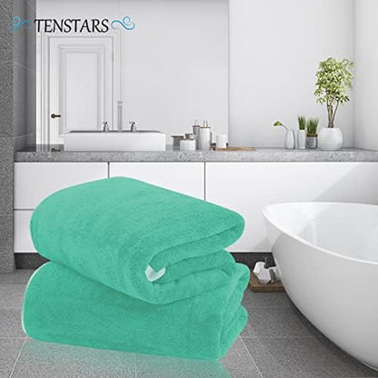 TENSTARS Silk Hemming Bath Towels for Bathroom Clearance - 27 x 55 inches - Light Thin Quick Drying - Soft Microfiber Absorbent Towel for Bath Fitness, Sports, Yoga, Travel, Gym - 2 Pack, Aqua Green