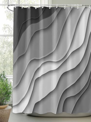 Shower Curtain Bathroom Set Black Grey Ombre Gradient Water Ripple Waterproof Shower Curtains with Grommets Hooks Abstract Lines Modern Art Privacy Bath Curtain for Bathtub Decor 48x72in