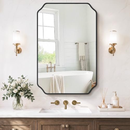 Vanity Bathroom Mirror, 24" x 36" Black Scalloped Mirror for Wall