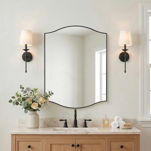 ANDY STAR Scalloped Bathroom Mirror，24"x32" Black Rectangle Wall Mirror with Curved Edge Stainless Steel Metal Frame, Irregular Vanity Wall-Mounted Mirror for Bathroom, Entryway