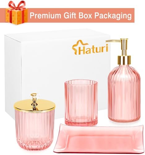Haturi Bathroom Accessories Set, 4 Pcs Pink Glass Bathroom Accessories Sets Complete w/Lotion Soap Dispenser, Toothbrush Holder, Apothecary Jar, Vanity Tray, Bathroom Decor, Gift for Home Apartment