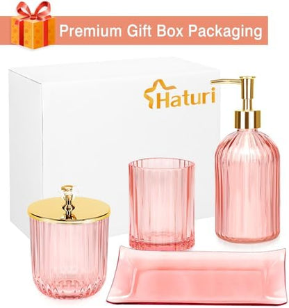 Haturi Bathroom Accessories Set, 4 Pcs Pink Glass Bathroom Accessories Sets Complete w/Lotion Soap Dispenser, Toothbrush Holder, Apothecary Jar, Vanity Tray, Bathroom Decor, Gift for Home Apartment