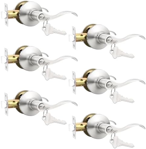 GOBEKOR Entry Door Handles with Lock and Same Keys, Brushed Nickel Keyed Aliked Entry Door Lock Sets for Exterior & Interior Doors, Reversible Door Levers for Bedroom Bathroom, 6 Pack