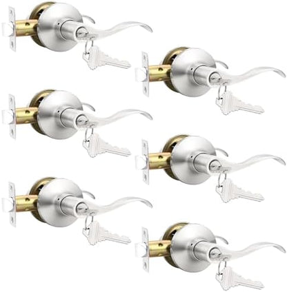 GOBEKOR Entry Door Handles with Lock and Same Keys, Brushed Nickel Keyed Aliked Entry Door Lock Sets for Exterior & Interior Doors, Reversible Door Levers for Bedroom Bathroom, 6 Pack