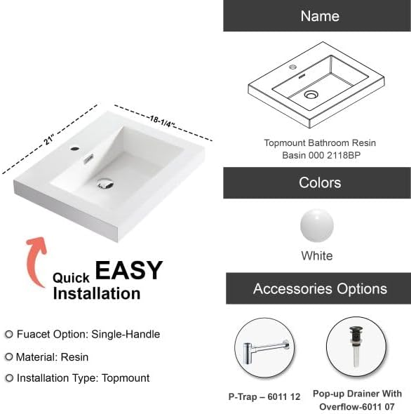 Dowell 21" Bathroom Sink, Single Bowl Resin Basin, Rectangular Drop In with Overflow (White 000 2118BP)