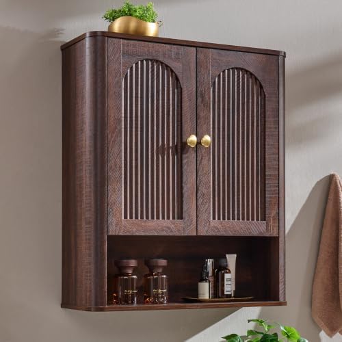 Bathroom Fluted Arched Wall Cabinet, 23.6''W Wood Medicine Cabinet,Brown