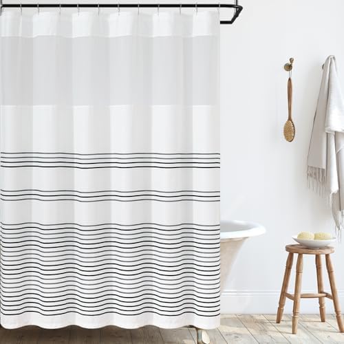 jinchan Navy Blue and White Shower Curtain with See Through Window Modern Striped Waterproof Fabric Shower Curtains for Bathroom with 12 Hooks 70x72 inches