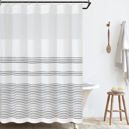 jinchan Navy Blue and White Shower Curtain with See Through Window Modern Striped Waterproof Fabric Shower Curtains for Bathroom with 12 Hooks 70x72 inches