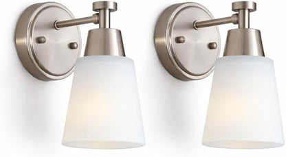 1-Light Bathroom Vanity Light Set of 2, Brushed Nickel Finish Wall Sconce with Milk Glass, Over Mirror, for Bathroom Vanity