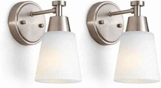 1-Light Bathroom Vanity Light Set of 2, Brushed Nickel Finish Wall Sconce with Milk Glass, Over Mirror, for Bathroom Vanity