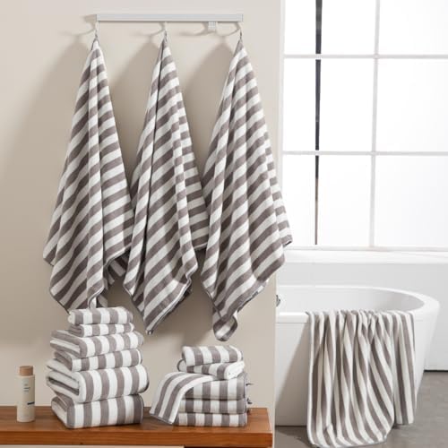 18 Pcs Light Gray Stripe Bath Towel Set with Hanging Loop-6 Bath Towels,6 Hand Towels,6 Washcloths Soft Family Towels Set Bathroom Towel Highly Absorbent Quick Dry Shower Towel for Beach Spa Gym Hotel