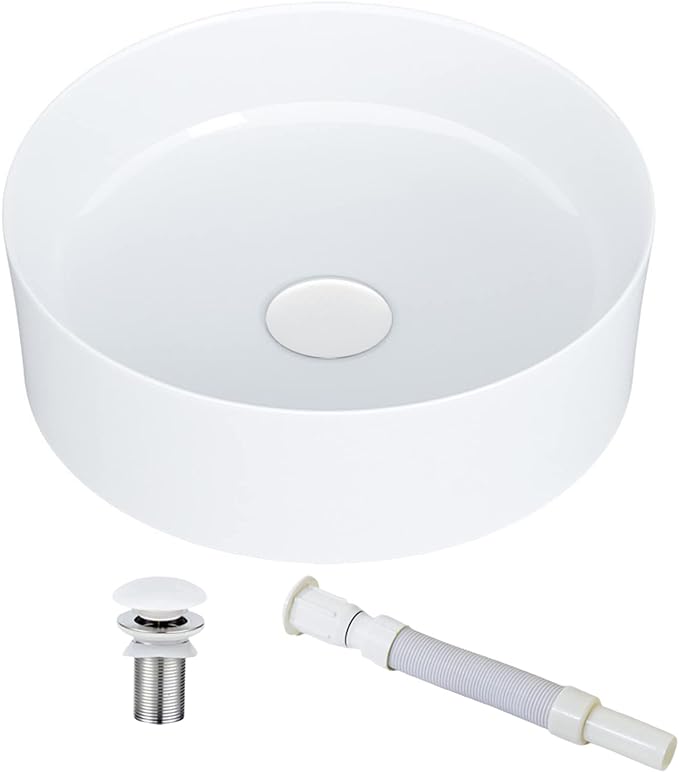KINGWONG 14 Inch Small Vessel Sink for Bathroom - Round Countertop Modern Above Counter White Ceramic Porcelain Vanity Sink Basin for Cabinet 14 x 14