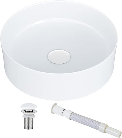KINGWONG 14 Inch Small Vessel Sink for Bathroom - Round Countertop Modern Above Counter White Ceramic Porcelain Vanity Sink Basin for Cabinet 14 x 14