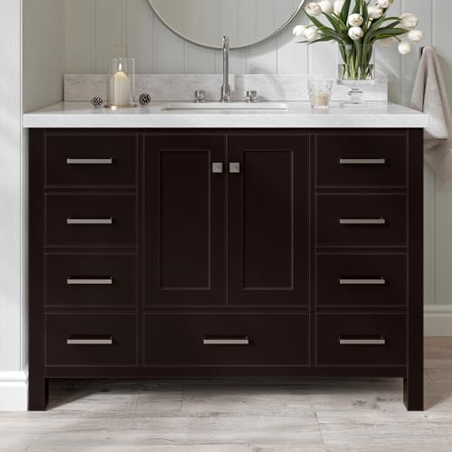 ARIEL Cambridge 48-inch Bathroom Vanity with Sink,Solid Wood, 1.5-inch Italian Carrara Marble Countertop, Single Rectangular Porcelain Sink, 2 Soft Closing Doors, 9 Dovetail Drawers, Espresso