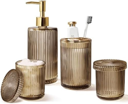 KASUNTING Brown Glass Bathroom Accessories 4 Pcs, Brown Bathroom Set, Soap Dispenser and Toothbrush Holder Set, Qtip Holder Set, Vintage Bathroom Sink Set, Modern Bathroom Decor
