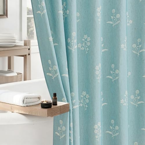 ORTIGIA Light Blue Linen Shower Curtain Farmhouse Vintage Floral Shower Curtains Baby Blue Boho Rustic Block Print Cottagecore Decor for Bathroom 72 W x 72 L