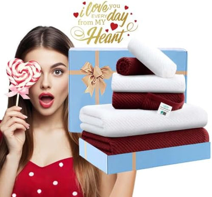 VOOVA & MOVAS 6PC Towel Set, 100% Cotton, Burgundy Red White