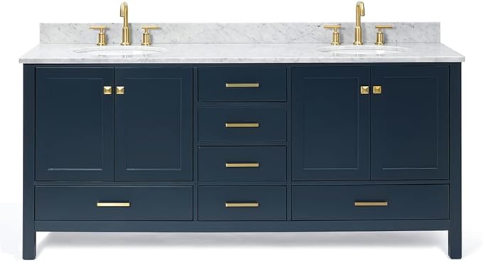 ARIEL Cambridge 72-inch Bathroom Vanity with Sink,Solid Wood, 0.75-inch Italian Carrara Marble Countertop, Double Oval Porcelain Sink, 4 Soft Closing Doors, 6 Dovetail Drawers, Midnight Blue