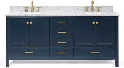 ARIEL Cambridge 72-inch Bathroom Vanity with Sink,Solid Wood, 0.75-inch Italian Carrara Marble Countertop, Double Oval Porcelain Sink, 4 Soft Closing Doors, 6 Dovetail Drawers, Midnight Blue
