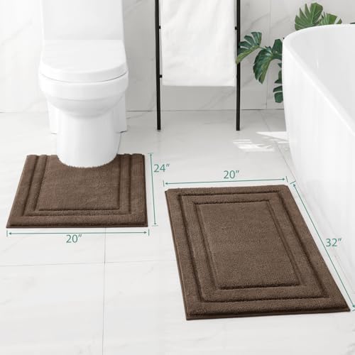 HOMEIDEAS Bathroom Rugs Sets 2 Piece, Super Soft and Absorbent Non Slip Microfiber U-Shaped Toilet Bath Mat Set (20"x32"+U20 x24, Brown)