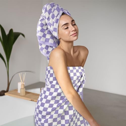 8-Piece Cotton Towels and Washcloths Sets, Checkered Bathroom Towels Set