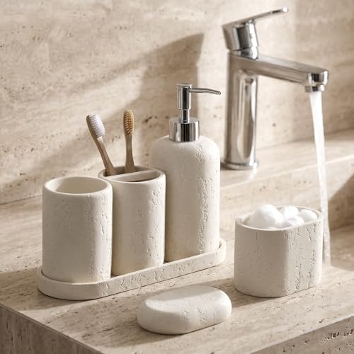 Bathroom Accessories Set, 5PCS, Travertine Stone Look, Off White