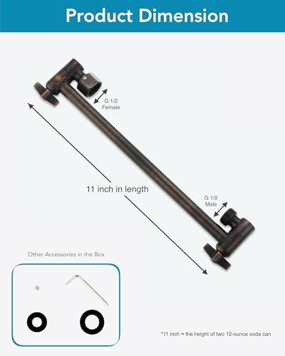 11 Inch Adjustable Shower Head Extension Arm With Locking Set Screw, Singing Rain 304 Stainless Steel Angle Height Adjustable, Easy Install, G1/2 Universal Connector Compatible (Oil Rubber Bronze)