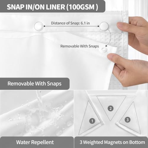 Dynamene White Hook Free Waffle Shower Curtain & Snap-in Fabric Liner,72x93
