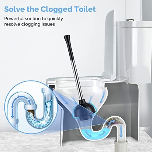 HAMITOR Toilet Plunger and Bowl Brush Set: 2 in 1 Stainless Steel Heavy Duty Toilet Cleaner Plunger with Holder Combo for Bathroom Cleaning - Modern Hideaway Bathroom Accessories with Caddy Stand