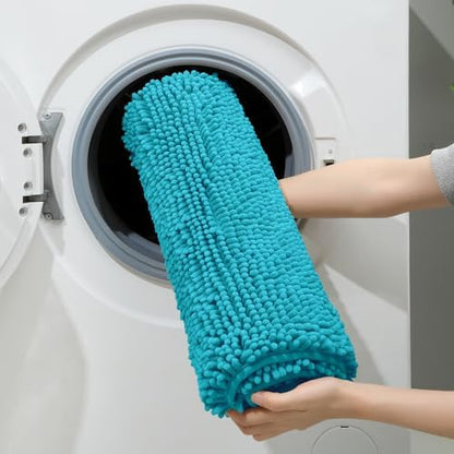 HOMEIDEAS Teal Blue Chenille Bathroom Rugs Set of 3, Non Slip Bath Mat