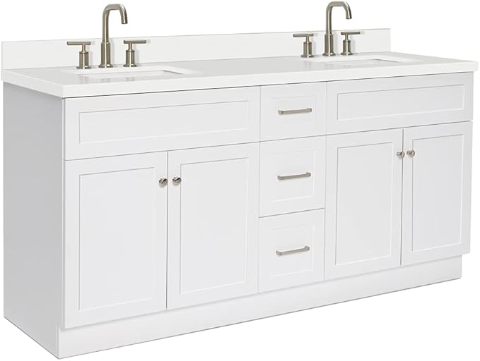 ARIEL Hamlet 72-inch Bathroom Vanity with Sink,Solid Wood, 1.5-inch Pure White Quartz Countertop & Backsplash, Double Rectangular Porcelain Sink, 4 Soft Closing Doors, 3 Dovetail Drawers, White