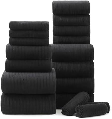 18 Piece Bath Towels Set,Super Soft Family Bathroom Towel Set with Hanging Loops-6 Bath Towels,6 Hand Towels,6 Washcloths,Highly Absorbent Quick Dry Shower Towel for Bathroom,Hotel,Spa-Black Towel Set